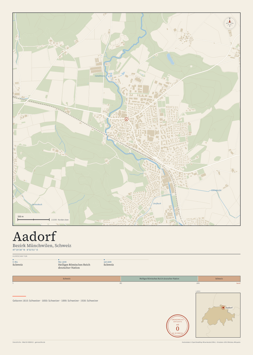 Vorschau des Kartenblatts von Aadorf: oben der Stadtplan, unten Ortsname, Koordinaten und die Herrschaften des Ortes