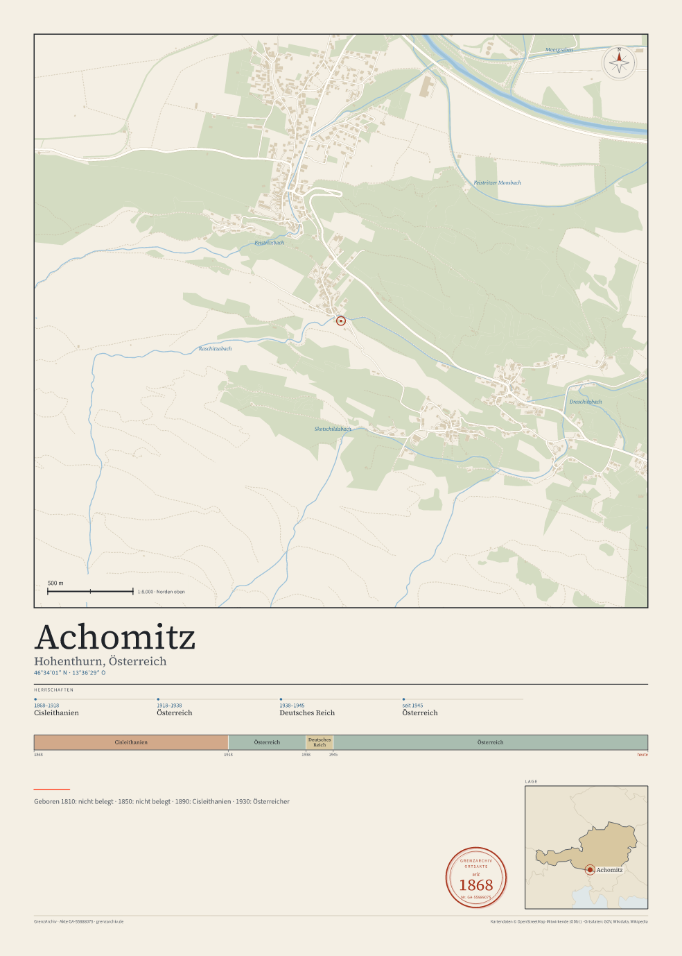 Vorschau des Kartenblatts von Achomitz: oben der Stadtplan, unten Ortsname, Koordinaten und die Herrschaften des Ortes