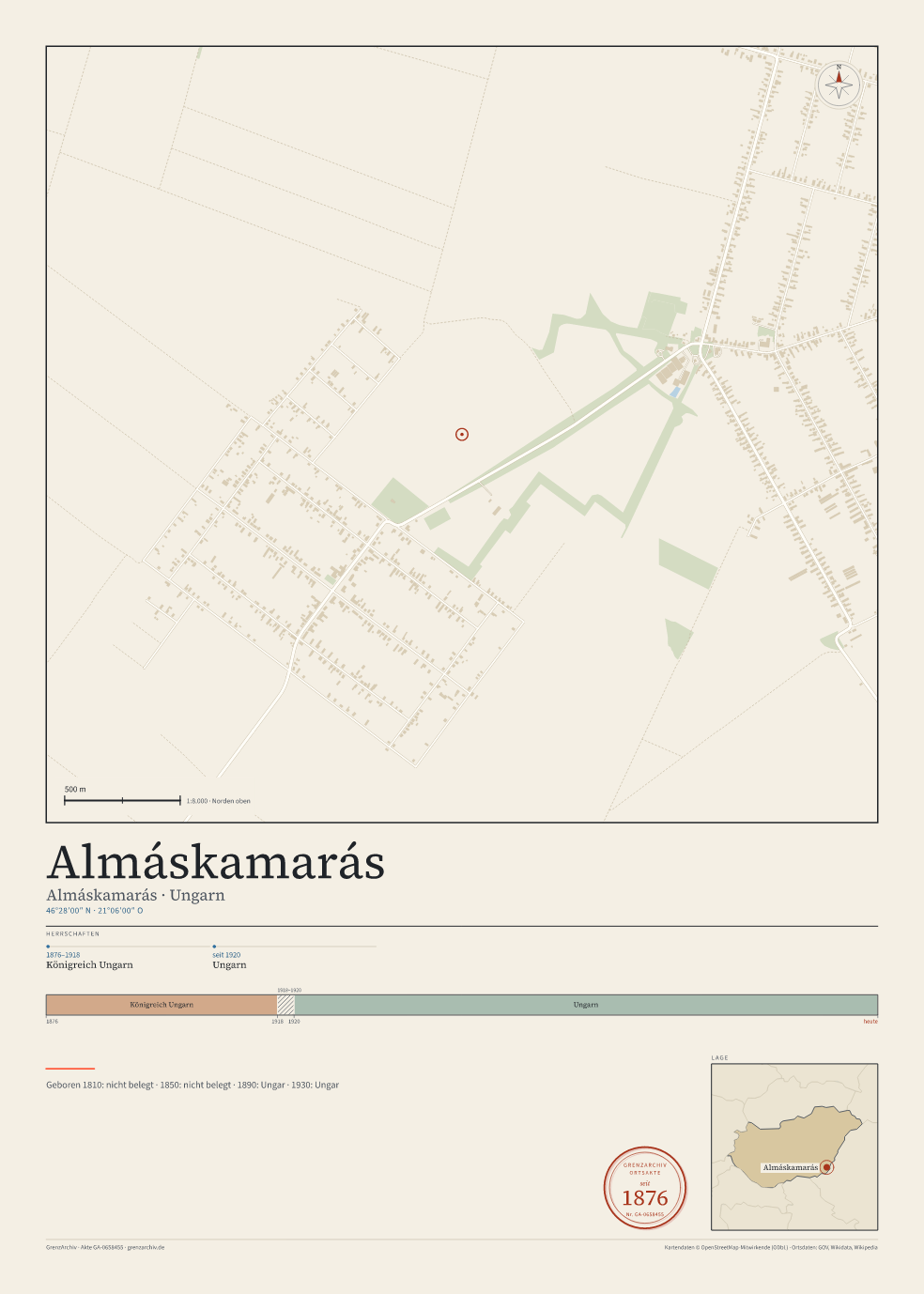 Vorschau des Kartenblatts von Almáskamarás: oben der Stadtplan, unten Ortsname, Koordinaten und die Herrschaften des Ortes