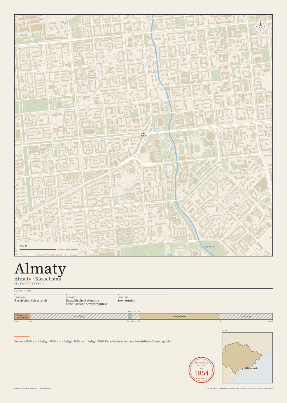 Vorschau des Kartenblatts von Almaty: oben der Stadtplan, unten Ortsname, Koordinaten und die Herrschaften des Ortes