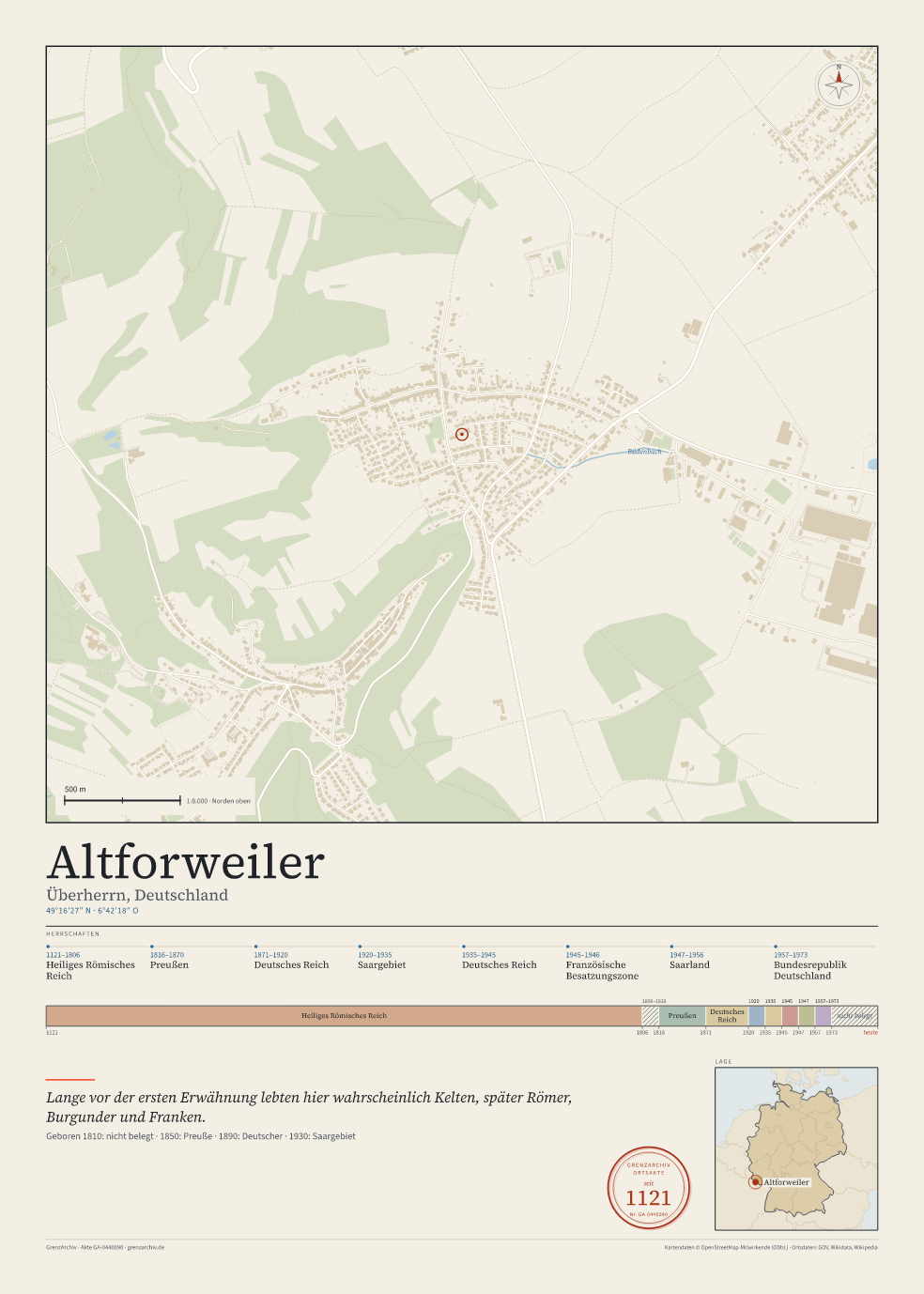 Vorschau des Kartenblatts von Altforweiler: oben der Stadtplan, unten Ortsname, Koordinaten und die Herrschaften des Ortes