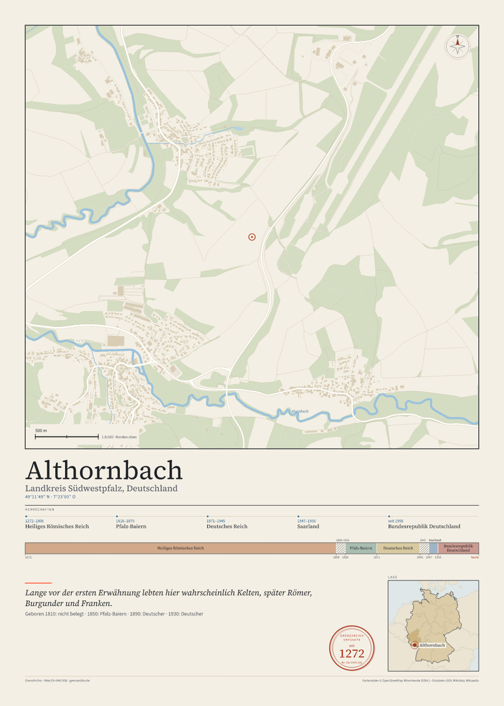 Vorschau des Kartenblatts von Althornbach: oben der Stadtplan, unten Ortsname, Koordinaten und die Herrschaften des Ortes