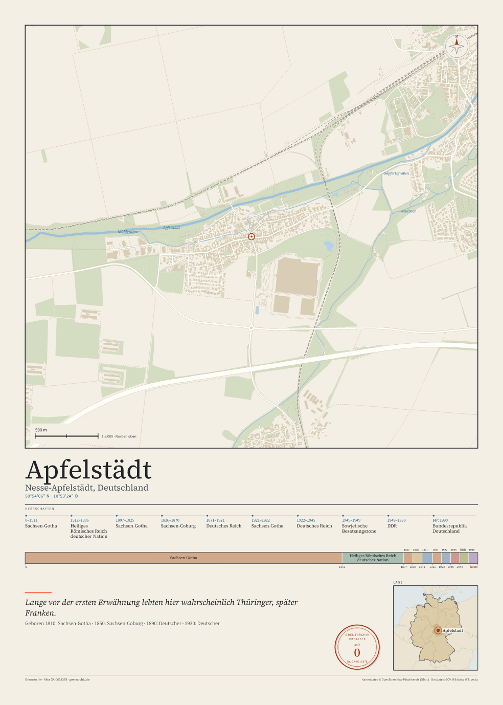 Vorschau des Kartenblatts von Apfelstädt: oben der Stadtplan, unten Ortsname, Koordinaten und die Herrschaften des Ortes