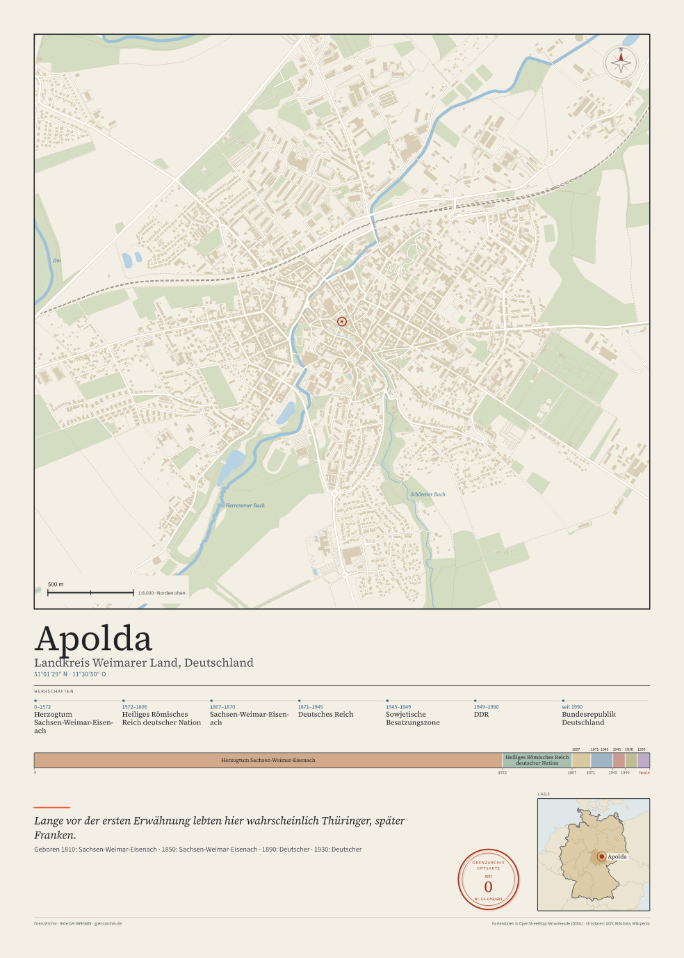 Vorschau des Kartenblatts von Apolda: oben der Stadtplan, unten Ortsname, Koordinaten und die Herrschaften des Ortes