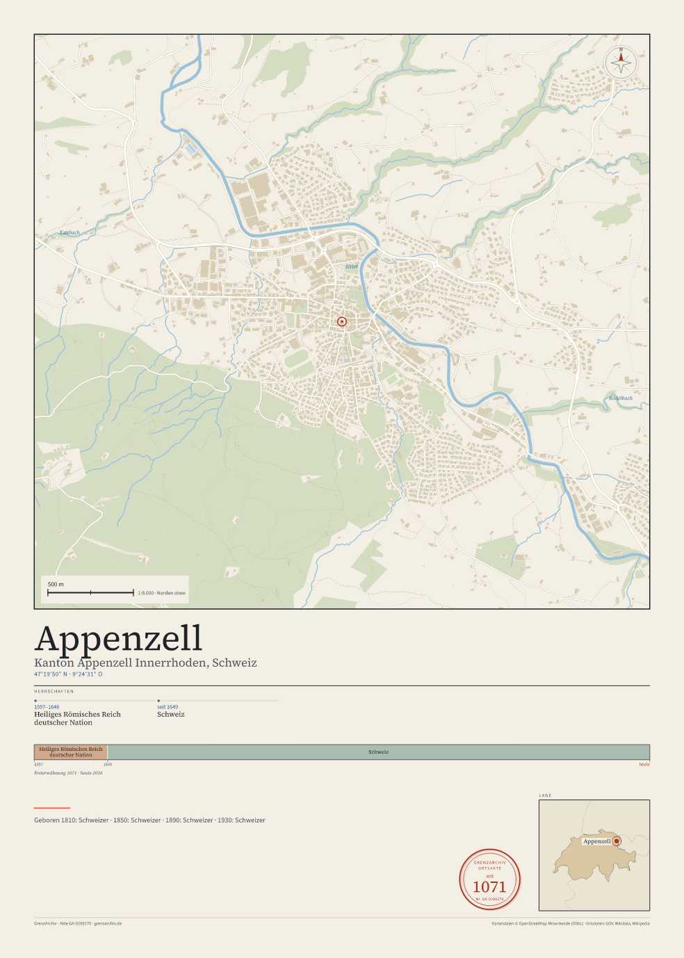 Vorschau des Kartenblatts von Appenzell: oben der Stadtplan, unten Ortsname, Koordinaten und die Herrschaften des Ortes