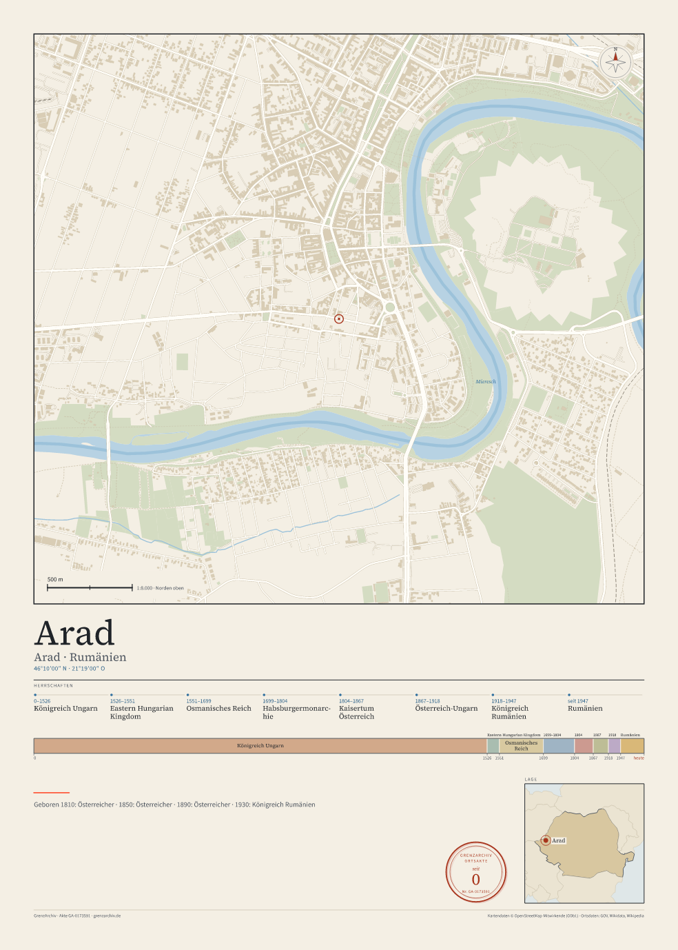 Vorschau des Kartenblatts von Arad: oben der Stadtplan, unten Ortsname, Koordinaten und die Herrschaften des Ortes