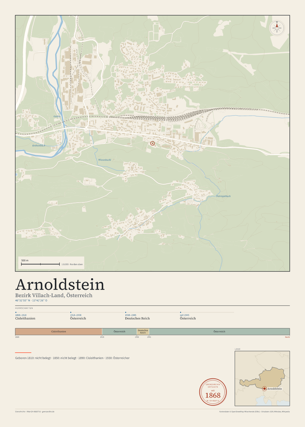 Vorschau des Kartenblatts von Arnoldstein: oben der Stadtplan, unten Ortsname, Koordinaten und die Herrschaften des Ortes