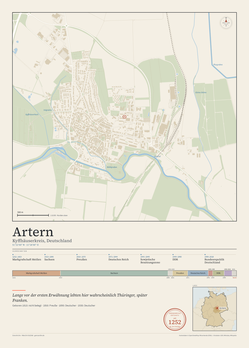 Vorschau des Kartenblatts von Artern: oben der Stadtplan, unten Ortsname, Koordinaten und die Herrschaften des Ortes