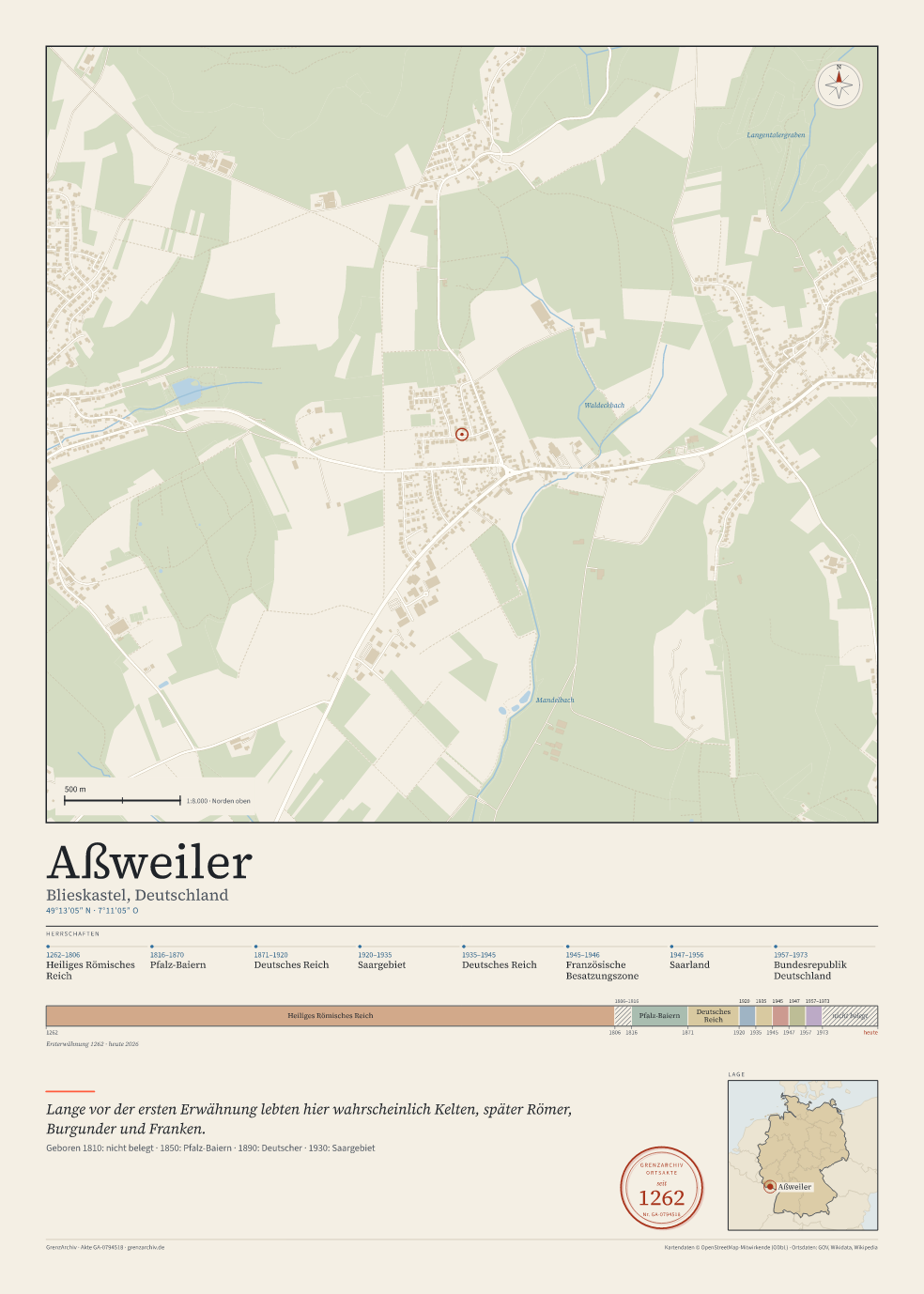 Vorschau des Kartenblatts von Aßweiler: oben der Stadtplan, unten Ortsname, Koordinaten und die Herrschaften des Ortes