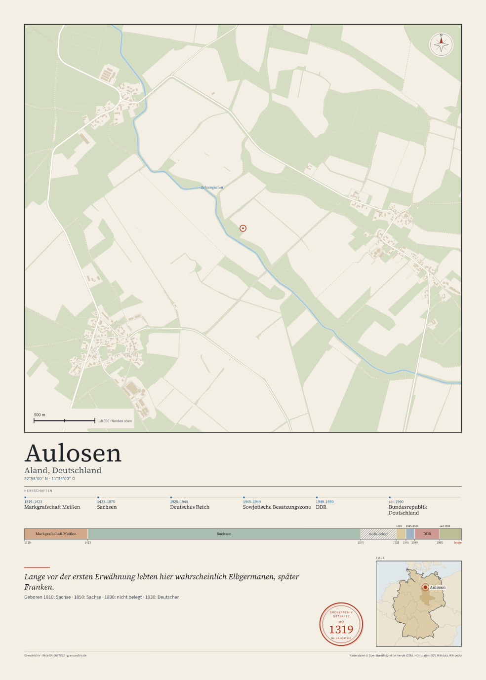 Vorschau des Kartenblatts von Aulosen: oben der Stadtplan, unten Ortsname, Koordinaten und die Herrschaften des Ortes