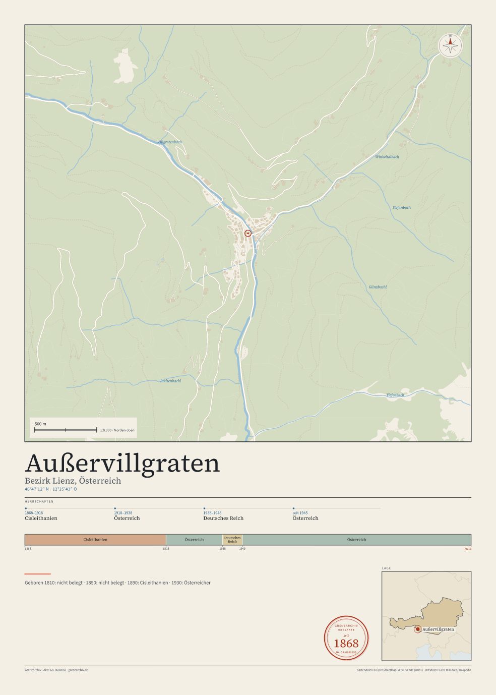 Vorschau des Kartenblatts von Außervillgraten: oben der Stadtplan, unten Ortsname, Koordinaten und die Herrschaften des Ortes