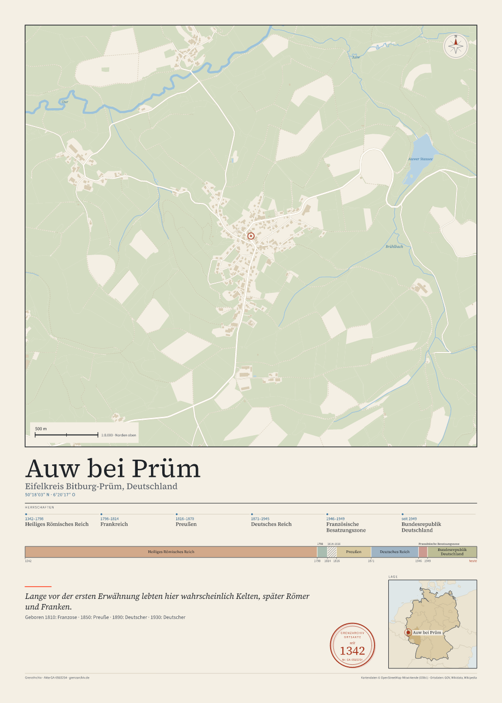 Vorschau des Kartenblatts von Auw bei Prüm: oben der Stadtplan, unten Ortsname, Koordinaten und die Herrschaften des Ortes