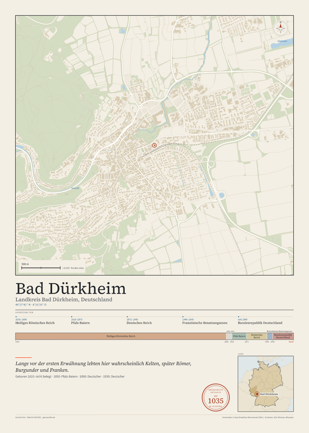 Vorschau des Kartenblatts von Bad Dürkheim: oben der Stadtplan, unten Ortsname, Koordinaten und die Herrschaften des Ortes