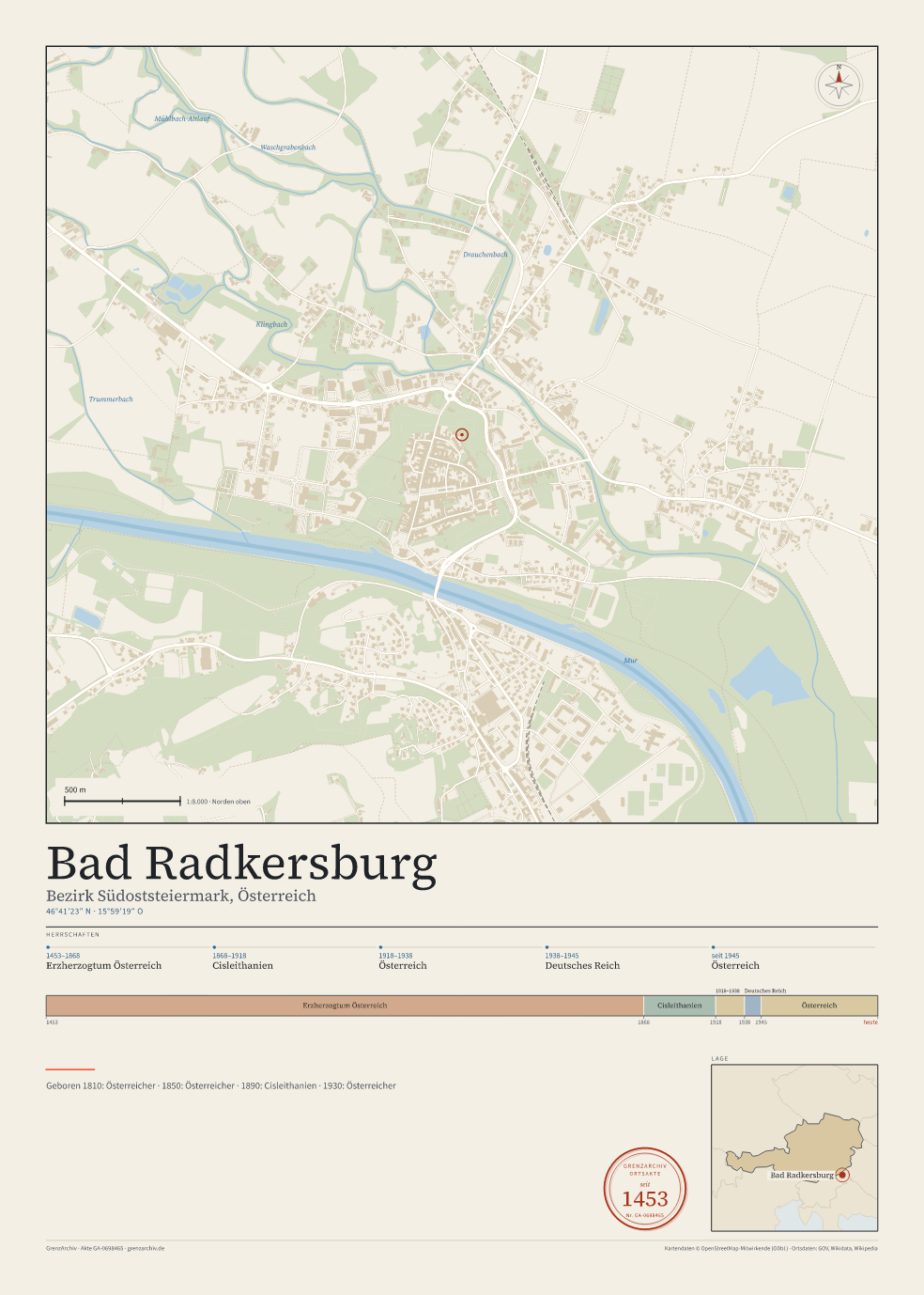Vorschau des Kartenblatts von Bad Radkersburg: oben der Stadtplan, unten Ortsname, Koordinaten und die Herrschaften des Ortes