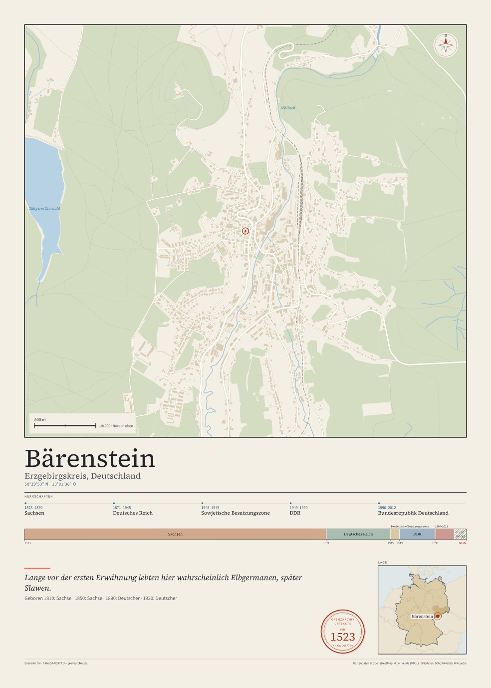 Vorschau des Kartenblatts von Bärenstein: oben der Stadtplan, unten Ortsname, Koordinaten und die Herrschaften des Ortes