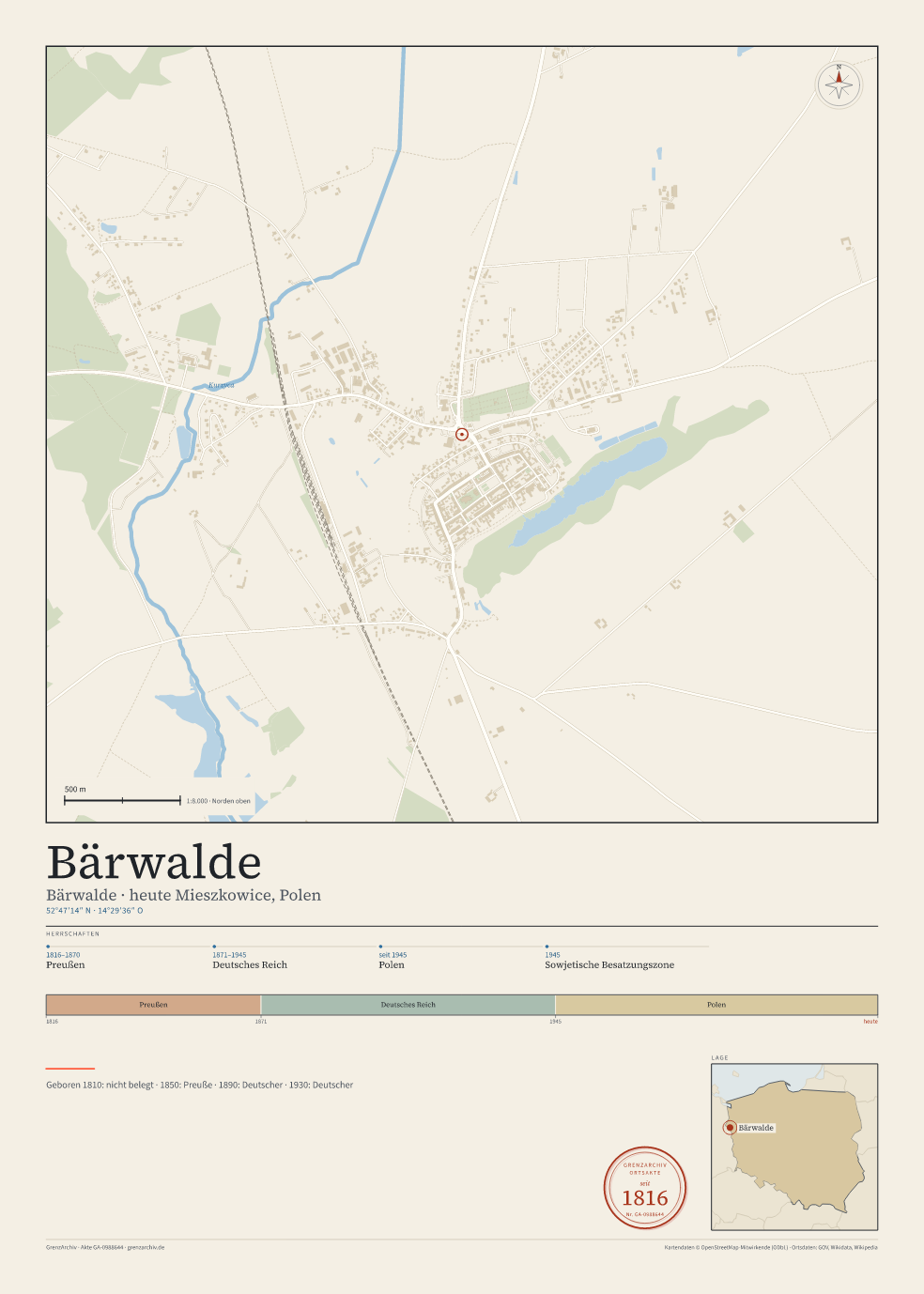 Vorschau des Kartenblatts von Bärwalde: oben der Stadtplan, unten Ortsname, Koordinaten und die Herrschaften des Ortes