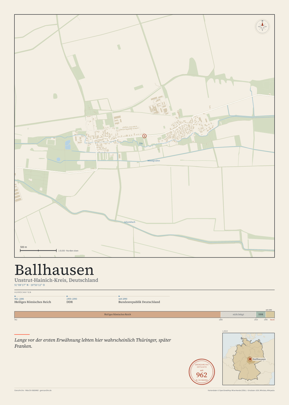 Vorschau des Kartenblatts von Ballhausen: oben der Stadtplan, unten Ortsname, Koordinaten und die Herrschaften des Ortes