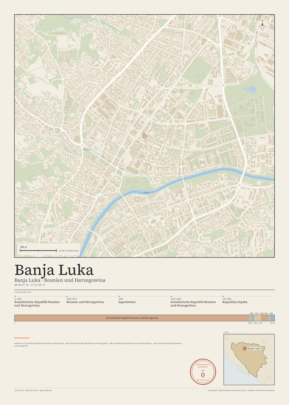 Vorschau des Kartenblatts von Banja Luka: oben der Stadtplan, unten Ortsname, Koordinaten und die Herrschaften des Ortes