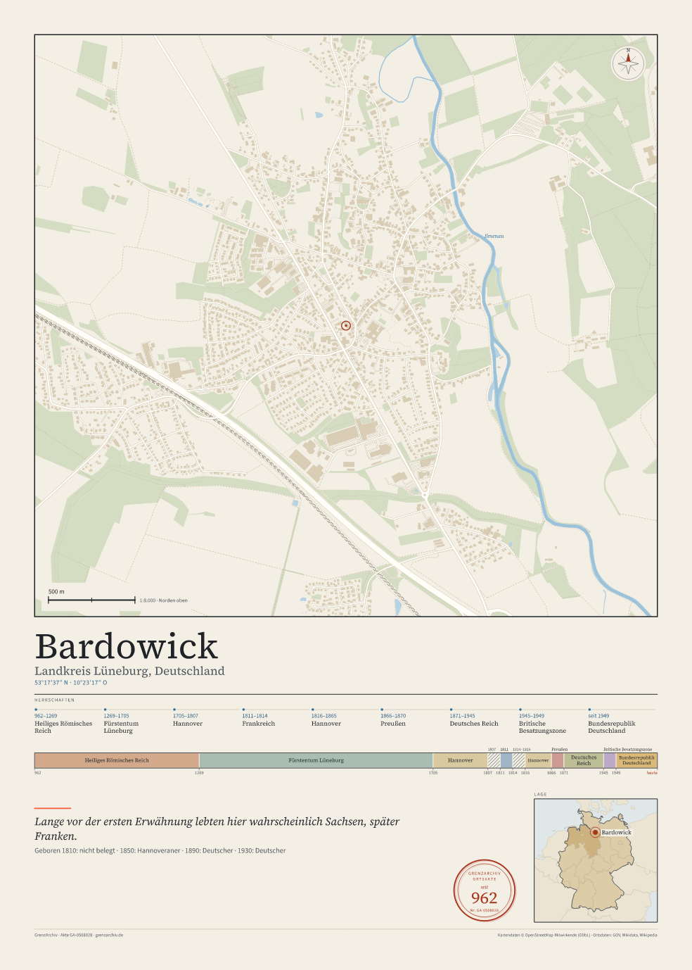 Vorschau des Kartenblatts von Bardowick: oben der Stadtplan, unten Ortsname, Koordinaten und die Herrschaften des Ortes