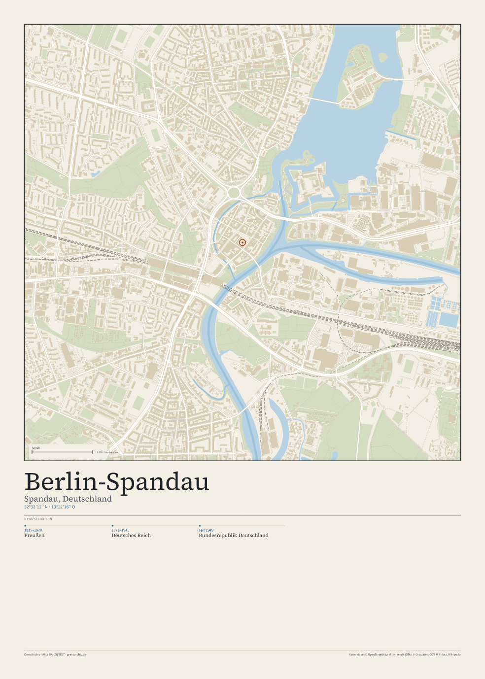 Vorschau des Stadtplan-Posters von Berlin-Spandau: oben der Stadtplan, unten Ortsname, Koordinaten und die Herrschaften des Ortes