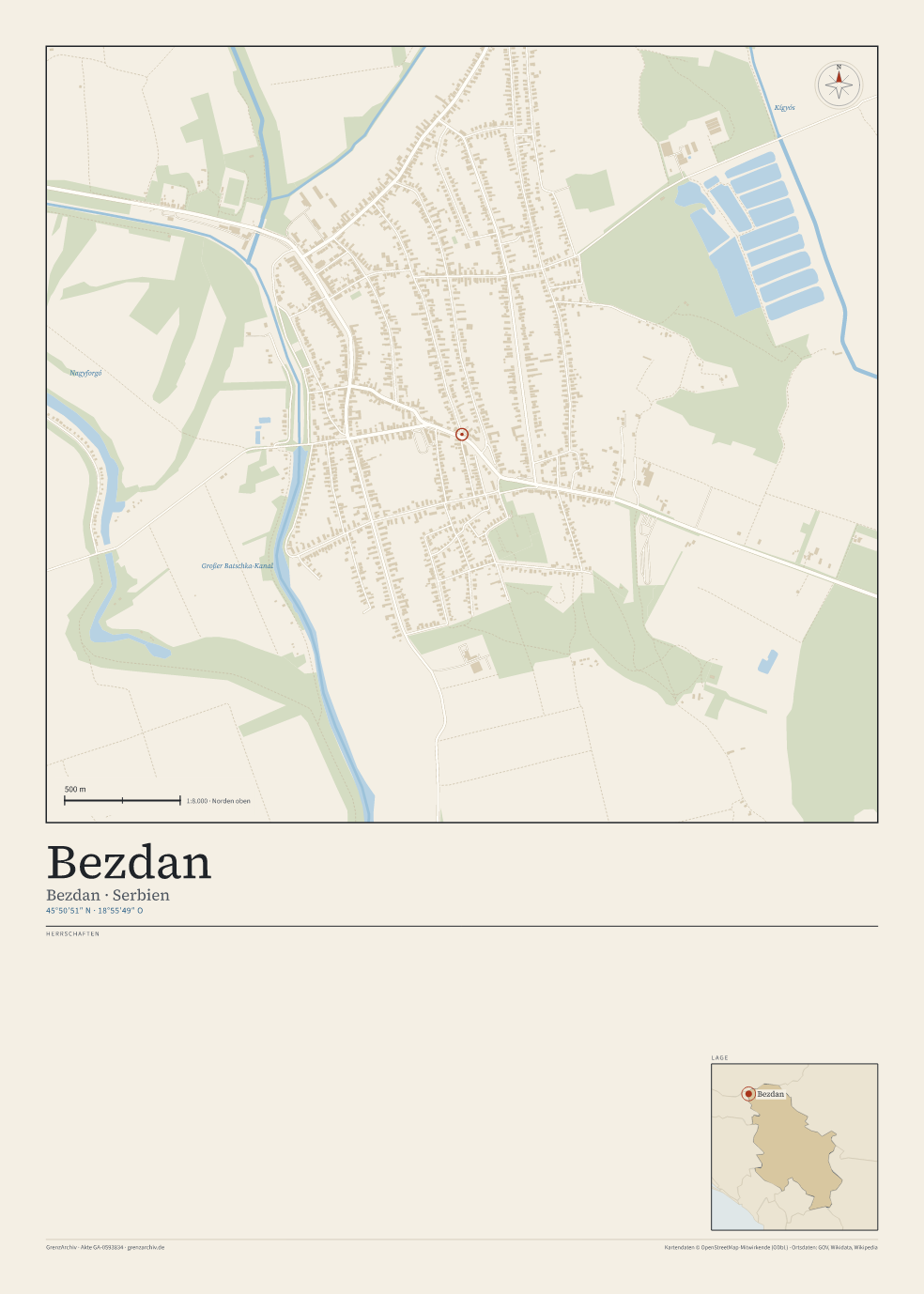 Vorschau des Kartenblatts von Bezdan: oben der Stadtplan, unten Ortsname, Koordinaten und die Herrschaften des Ortes