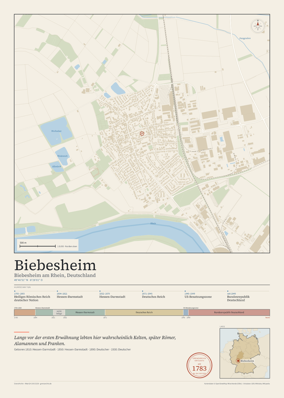 Vorschau des Kartenblatts von Biebesheim: oben der Stadtplan, unten Ortsname, Koordinaten und die Herrschaften des Ortes