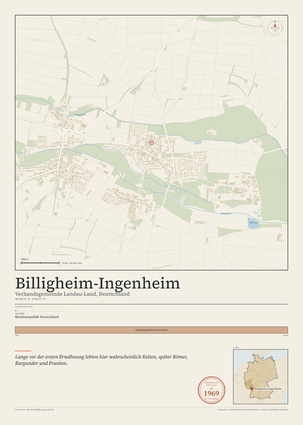 Vorschau des Kartenblatts von Billigheim-Ingenheim: oben der Stadtplan, unten Ortsname, Koordinaten und die Herrschaften des Ortes