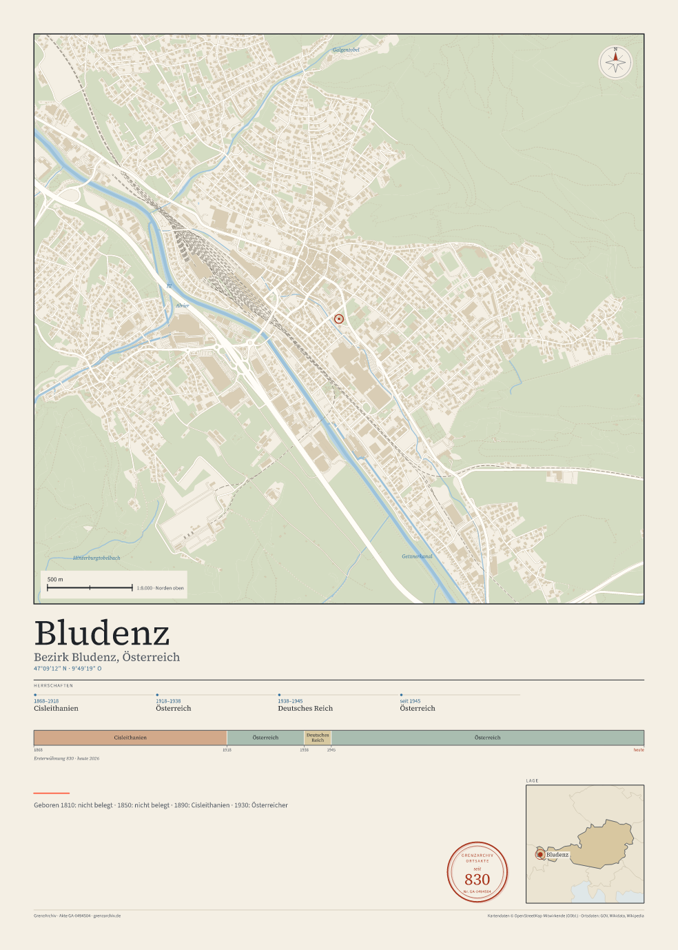 Vorschau des Kartenblatts von Bludenz: oben der Stadtplan, unten Ortsname, Koordinaten und die Herrschaften des Ortes