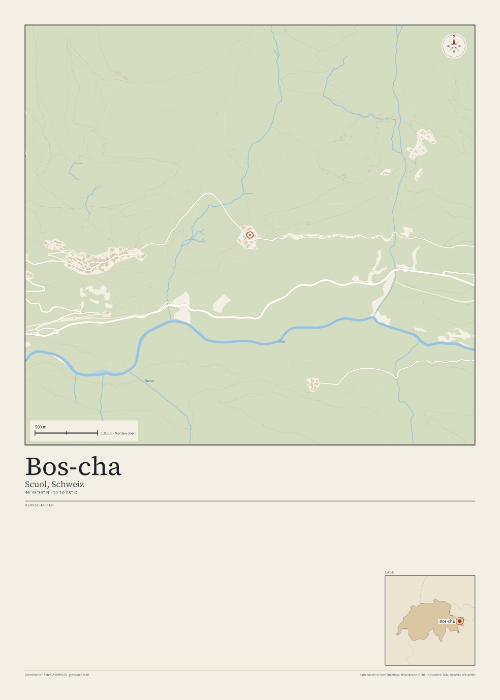 Vorschau des Kartenblatts von Bos-cha: oben der Stadtplan, unten Ortsname, Koordinaten und die Herrschaften des Ortes