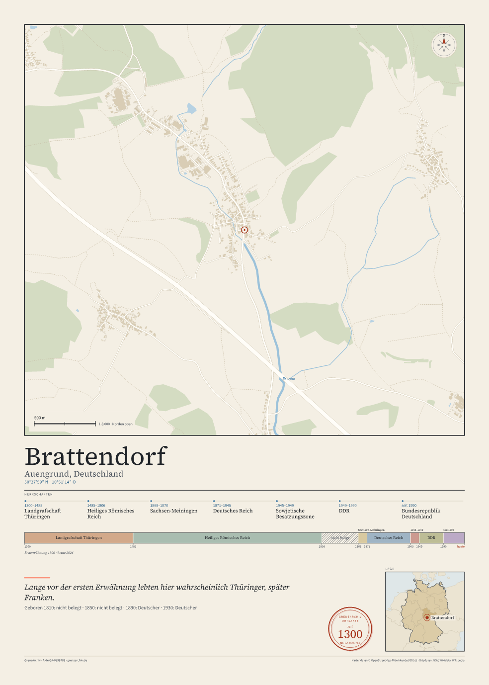 Vorschau des Kartenblatts von Brattendorf: oben der Stadtplan, unten Ortsname, Koordinaten und die Herrschaften des Ortes