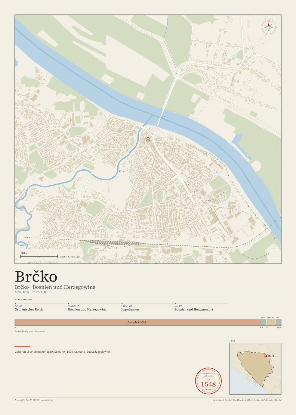 Vorschau des Kartenblatts von Brčko: oben der Stadtplan, unten Ortsname, Koordinaten und die Herrschaften des Ortes