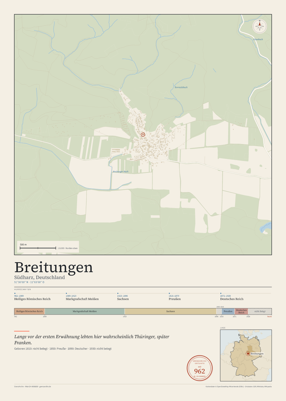 Vorschau des Kartenblatts von Breitungen: oben der Stadtplan, unten Ortsname, Koordinaten und die Herrschaften des Ortes