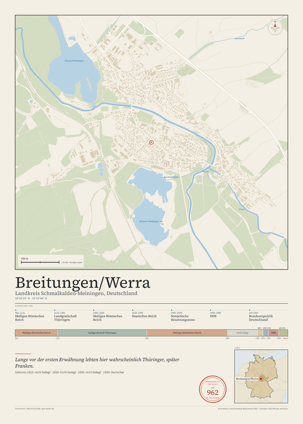 Vorschau des Kartenblatts von Breitungen/Werra: oben der Stadtplan, unten Ortsname, Koordinaten und die Herrschaften des Ortes