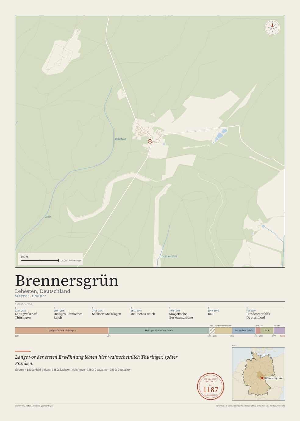 Vorschau des Kartenblatts von Brennersgrün: oben der Stadtplan, unten Ortsname, Koordinaten und die Herrschaften des Ortes