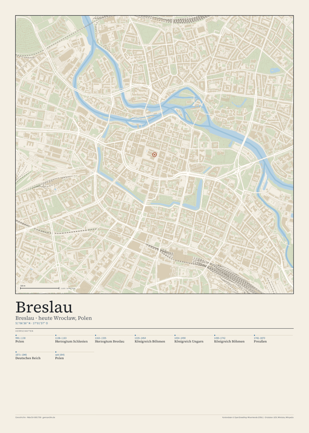 Vorschau des Stadtplan-Posters von Breslau: oben der Stadtplan, unten Ortsname, Koordinaten und die Herrschaften des Ortes