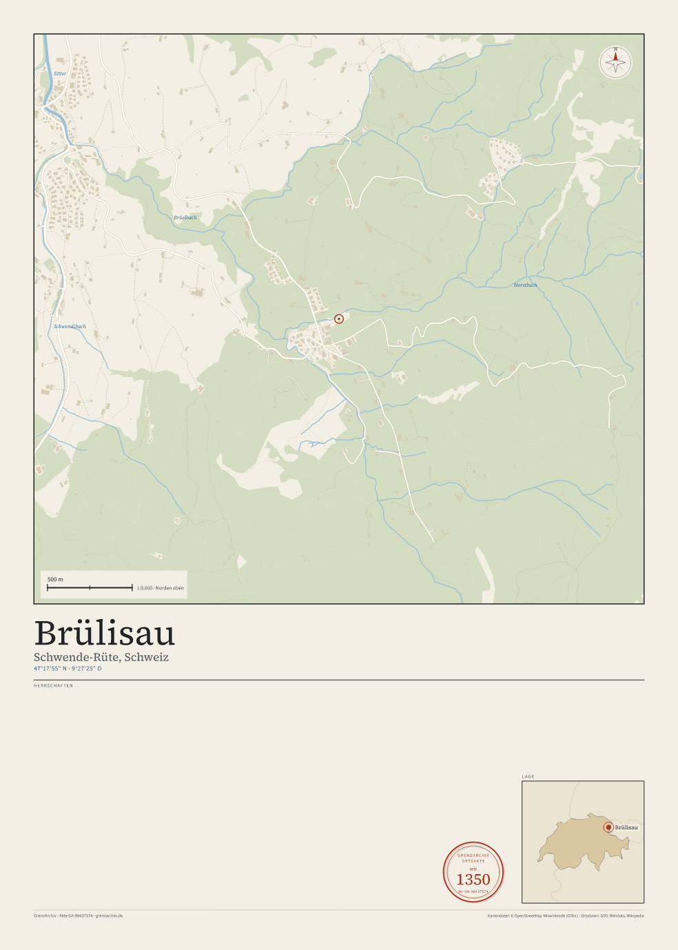 Vorschau des Kartenblatts von Brülisau: oben der Stadtplan, unten Ortsname, Koordinaten und die Herrschaften des Ortes