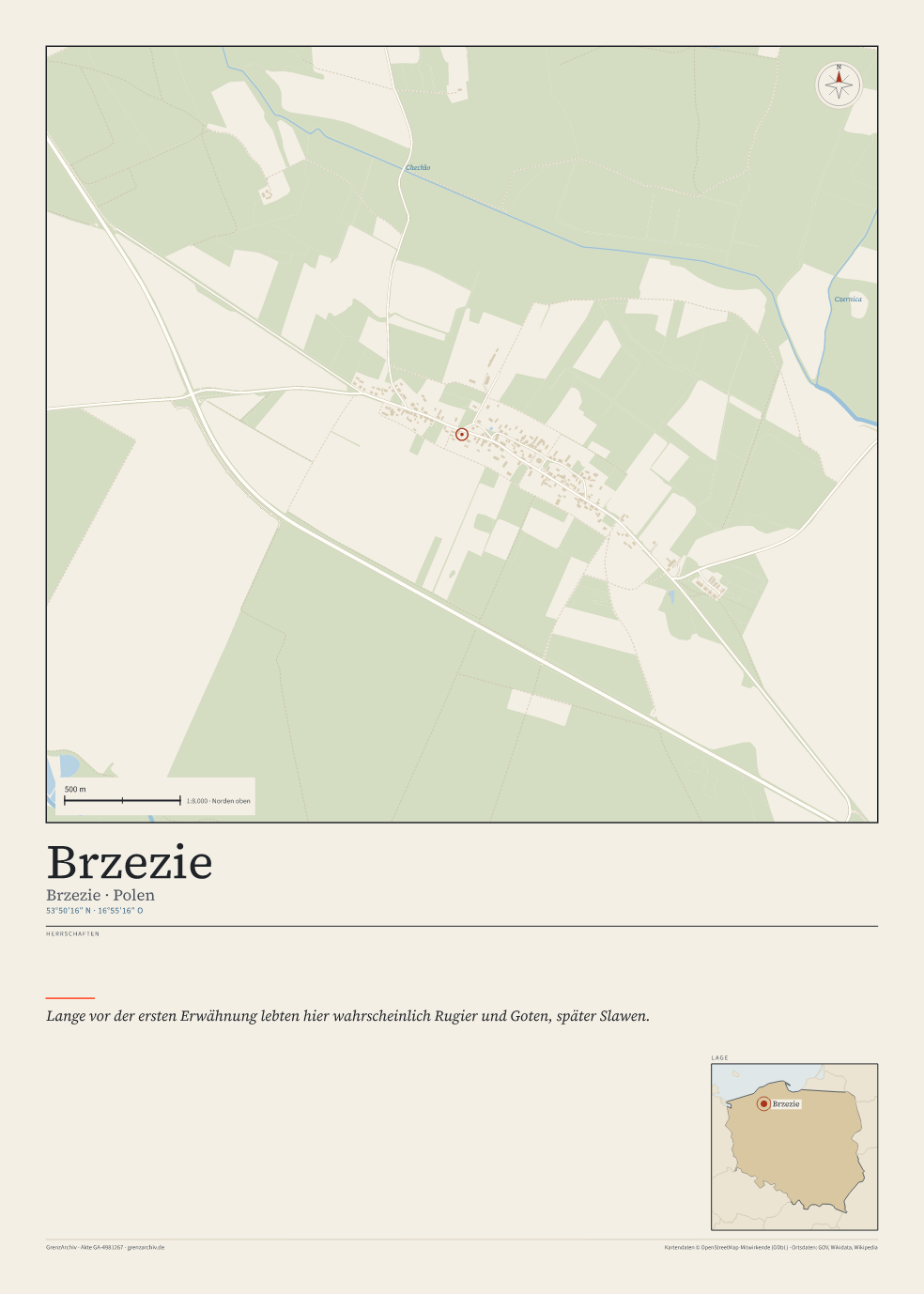 Vorschau des Kartenblatts von Brzezie: oben der Stadtplan, unten Ortsname, Koordinaten und die Herrschaften des Ortes