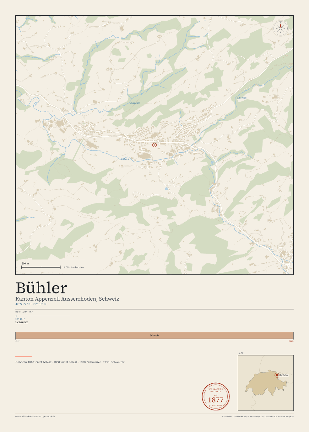 Vorschau des Kartenblatts von Bühler: oben der Stadtplan, unten Ortsname, Koordinaten und die Herrschaften des Ortes