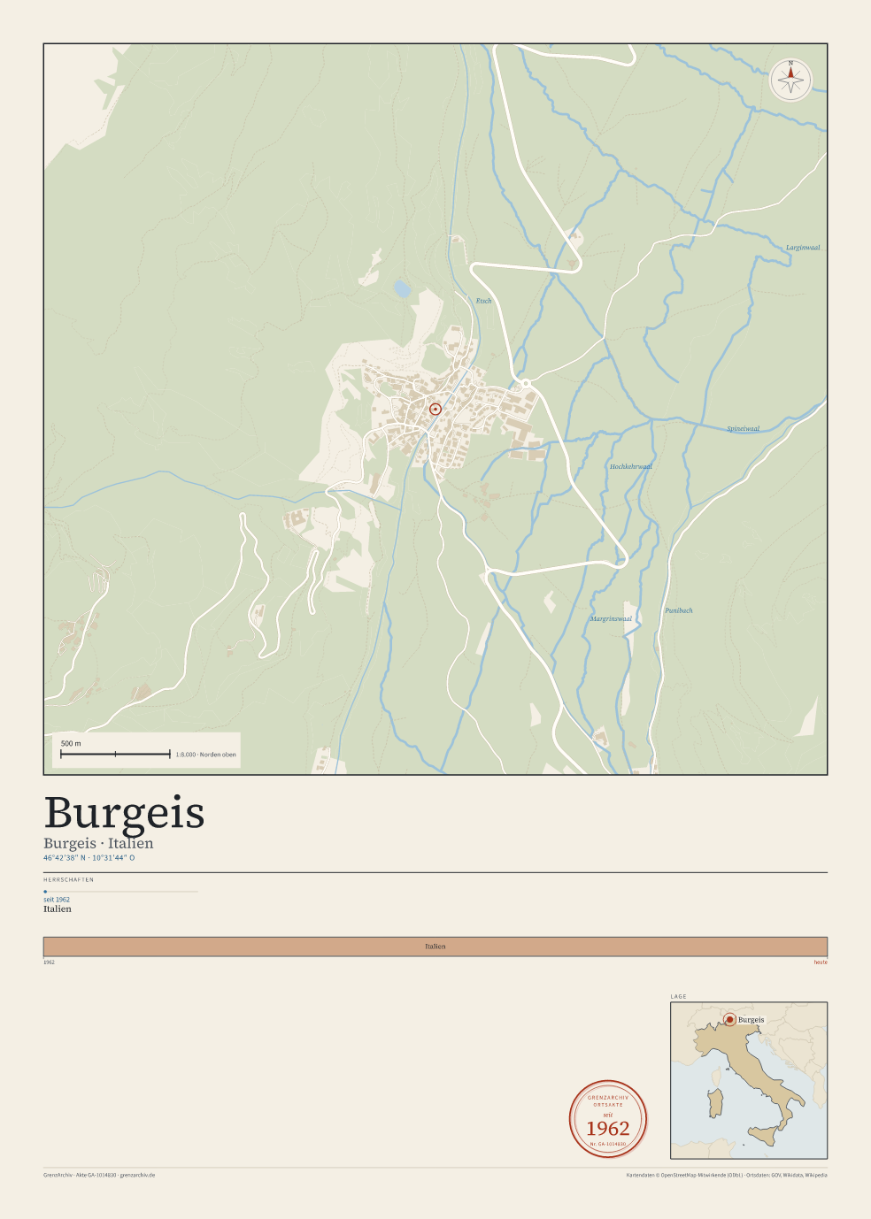 Vorschau des Kartenblatts von Burgeis: oben der Stadtplan, unten Ortsname, Koordinaten und die Herrschaften des Ortes