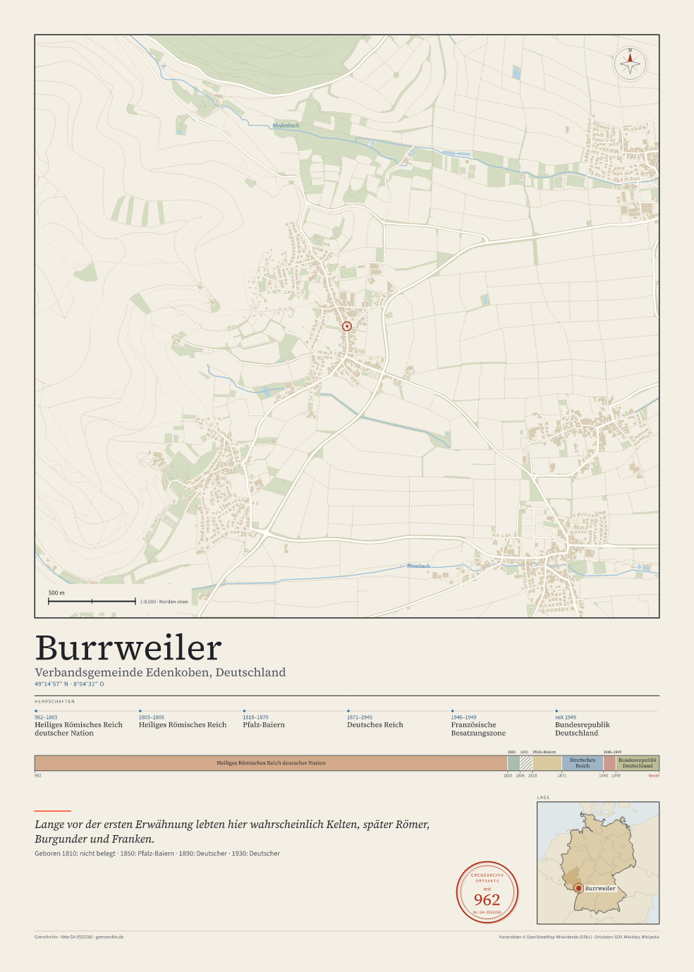 Vorschau des Kartenblatts von Burrweiler: oben der Stadtplan, unten Ortsname, Koordinaten und die Herrschaften des Ortes