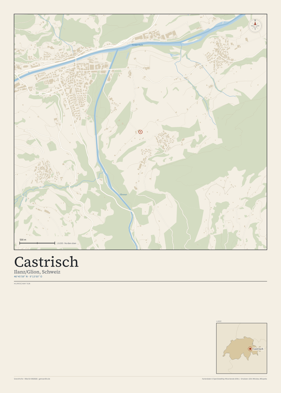 Vorschau des Kartenblatts von Castrisch: oben der Stadtplan, unten Ortsname, Koordinaten und die Herrschaften des Ortes