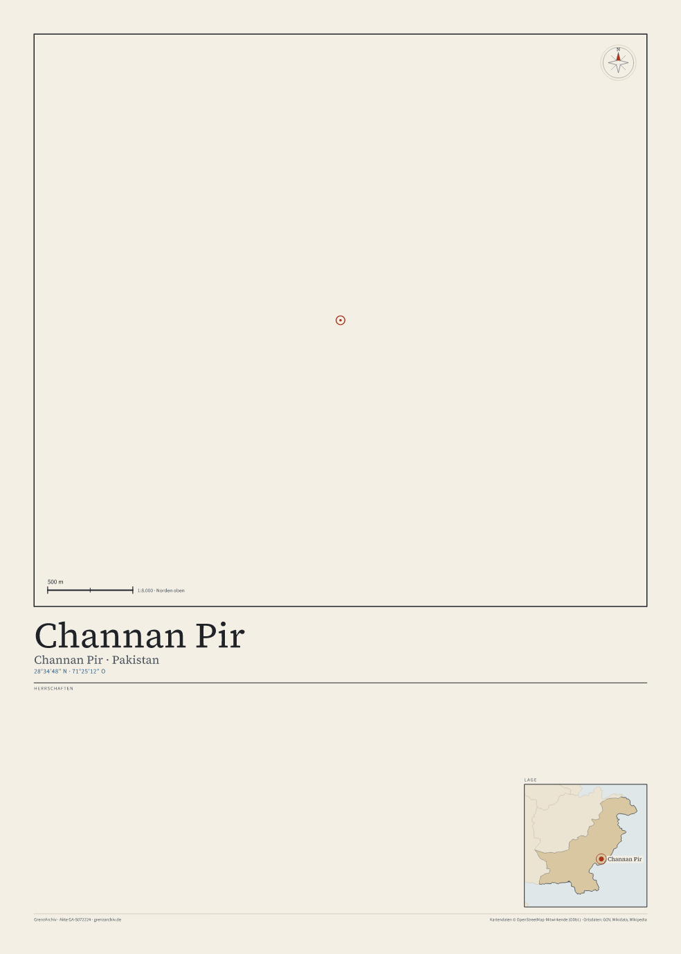 Vorschau des Kartenblatts von Channan Pir: oben der Stadtplan, unten Ortsname, Koordinaten und die Herrschaften des Ortes