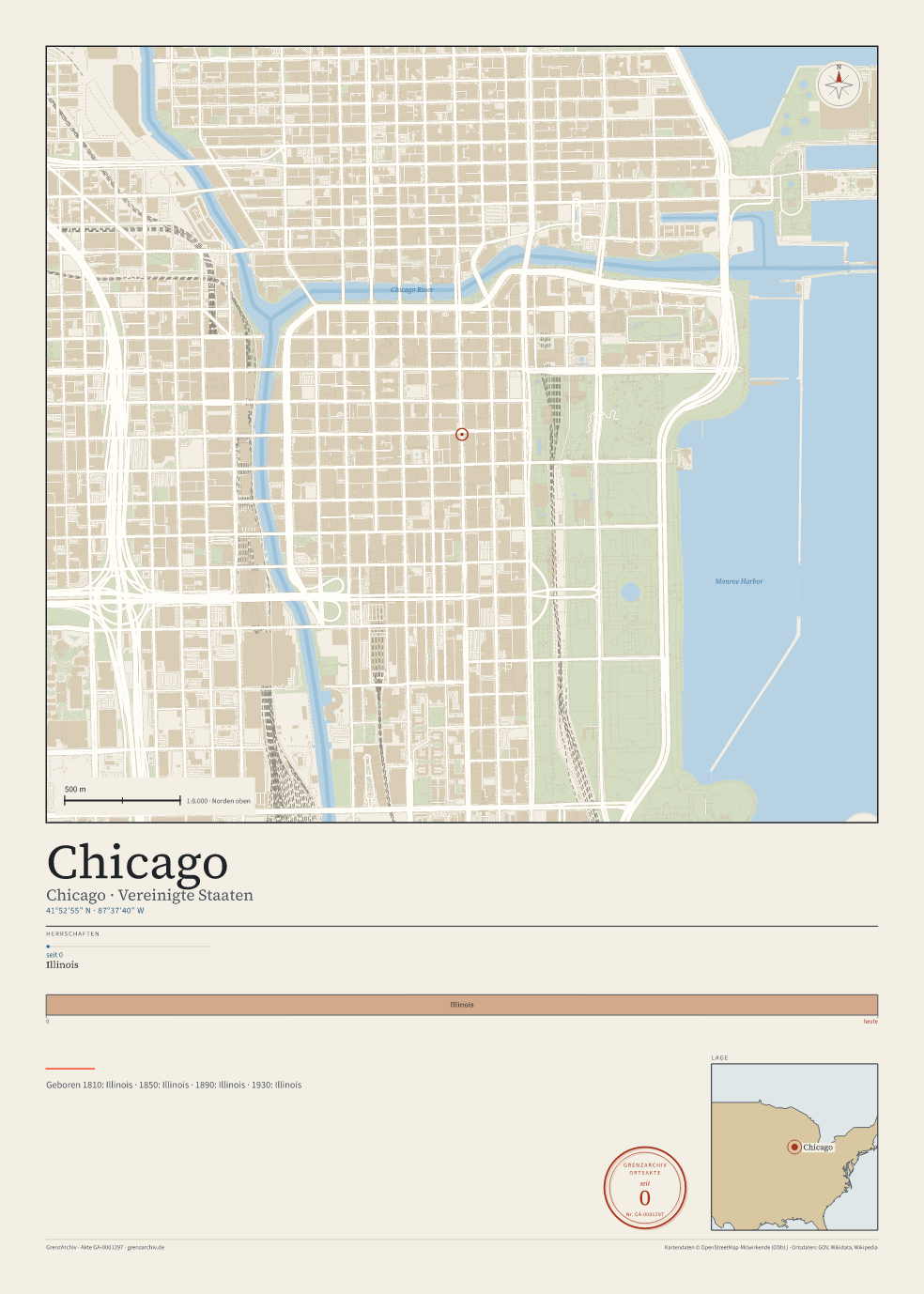 Vorschau des Kartenblatts von Chicago: oben der Stadtplan, unten Ortsname, Koordinaten und die Herrschaften des Ortes