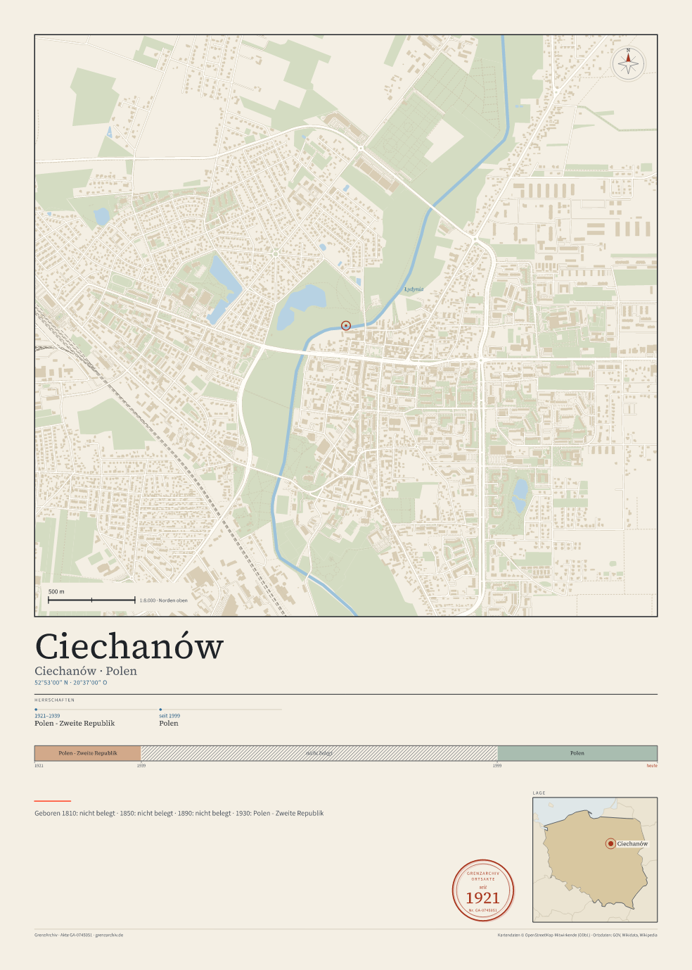 Vorschau des Kartenblatts von Ciechanów: oben der Stadtplan, unten Ortsname, Koordinaten und die Herrschaften des Ortes