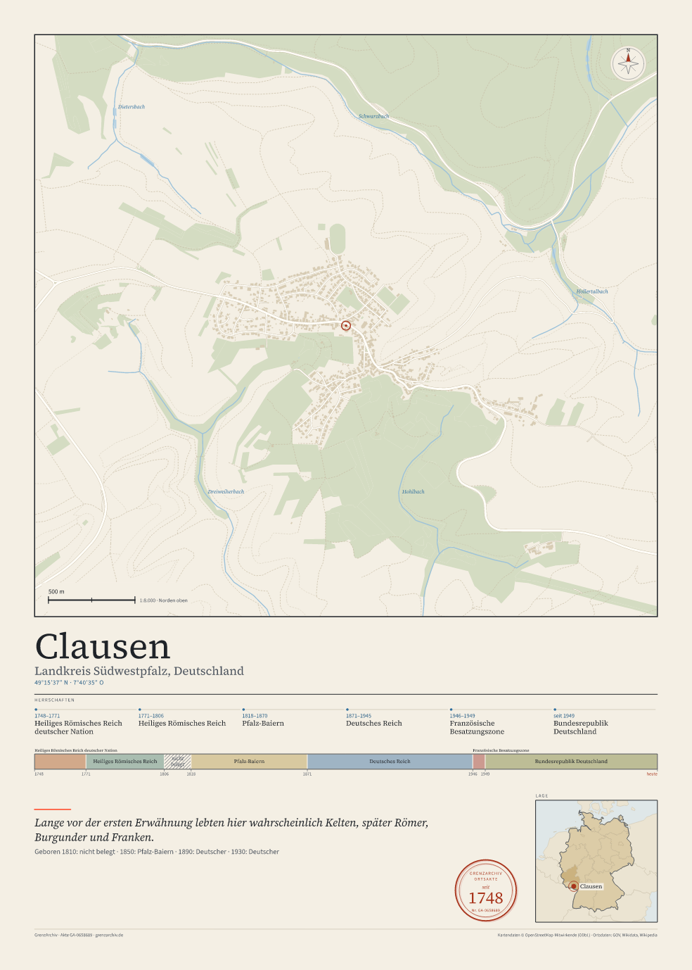 Vorschau des Kartenblatts von Clausen: oben der Stadtplan, unten Ortsname, Koordinaten und die Herrschaften des Ortes