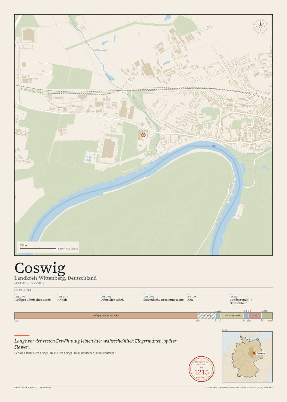 Vorschau des Kartenblatts von Coswig: oben der Stadtplan, unten Ortsname, Koordinaten und die Herrschaften des Ortes