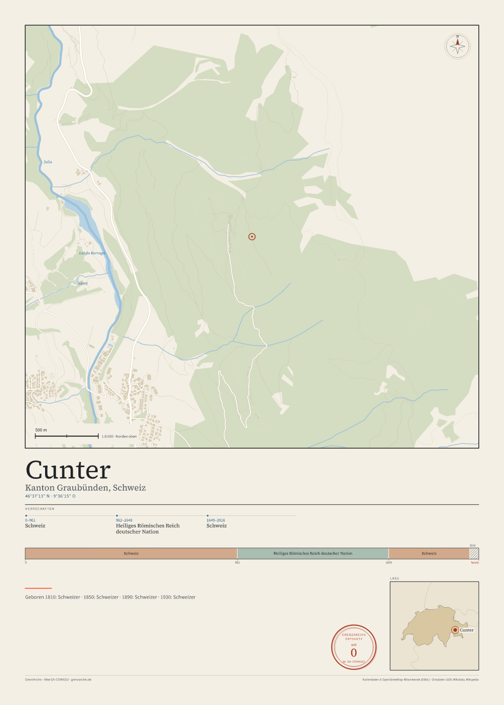 Vorschau des Kartenblatts von Cunter: oben der Stadtplan, unten Ortsname, Koordinaten und die Herrschaften des Ortes