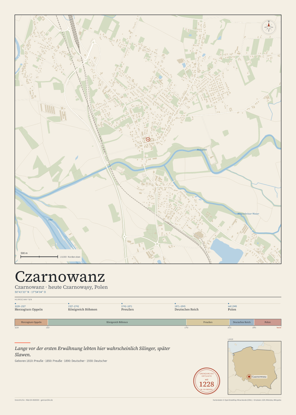 Vorschau des Kartenblatts von Czarnowanz: oben der Stadtplan, unten Ortsname, Koordinaten und die Herrschaften des Ortes