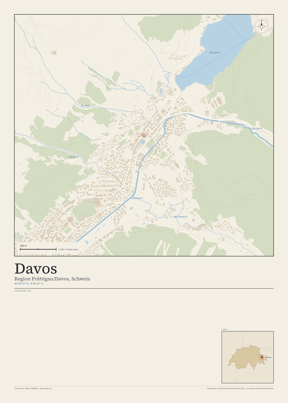 Vorschau des Kartenblatts von Davos: oben der Stadtplan, unten Ortsname, Koordinaten und die Herrschaften des Ortes