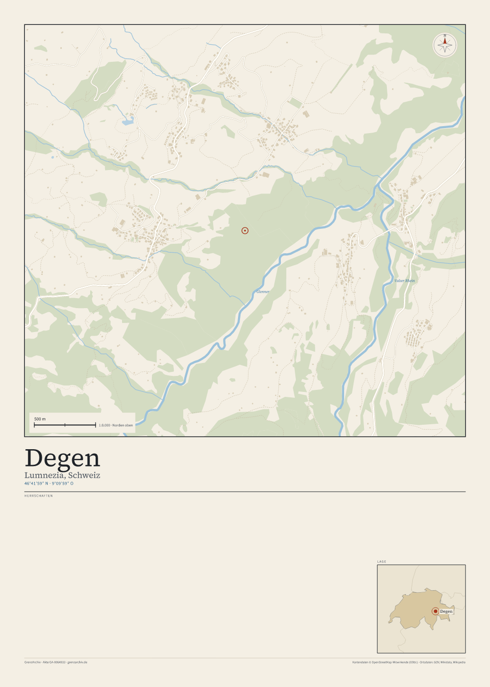 Vorschau des Kartenblatts von Degen: oben der Stadtplan, unten Ortsname, Koordinaten und die Herrschaften des Ortes